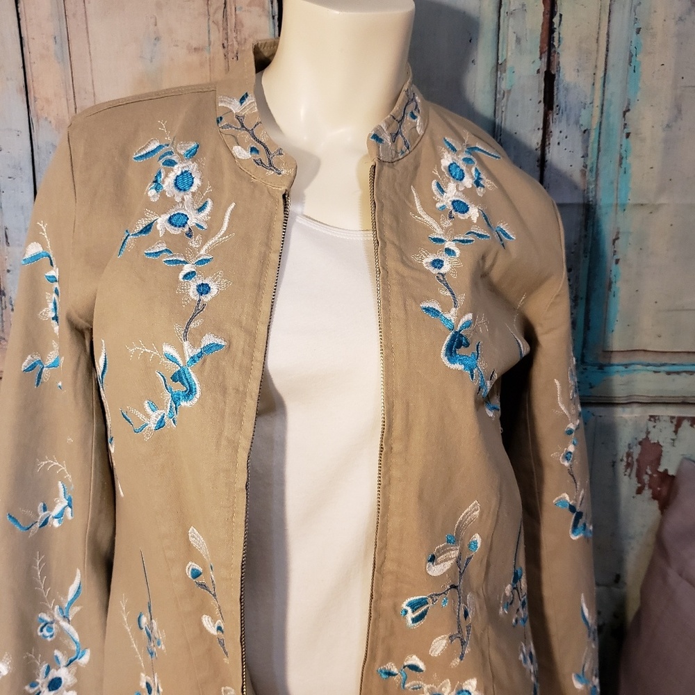 Embroidered lightweight tan denim jacket